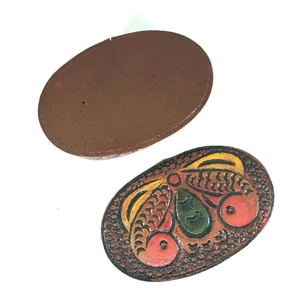 hand tooled leather trinket box butterfly moth folk art keepsake jewelry oval